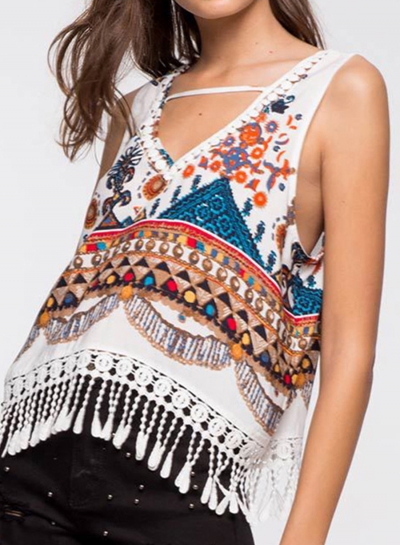 Summer Casual Loose Lace Floral Printed Sleeveless V Neck Tassel Tee YOUYOUFASHIONEC.com