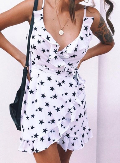 Summer Sexy Irregular Star Printed Ruffle Trim Strappy V Neck Mini Dress YOUYOUFASHIONEC.com