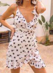 Summer Sexy Irregular Star Printed Ruffle Trim Strappy V Neck Mini Dress