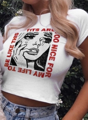 Summer Slim Letters Printed Woman Face Short Sleeve Round Neck Crop Top