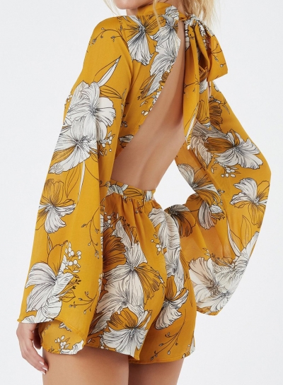 Fashion Sexy Floral Printed Halter Long Sleeve Backless Wide Leg Romper