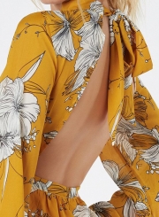 Fashion Sexy Floral Printed Halter Long Sleeve Backless Wide Leg Romper
