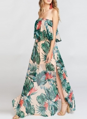 Summer Fashion Sexy Floral Printed Off The Shoulder Slit Beach Maxi Dress