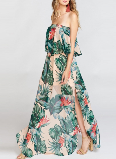 Summer Fashion Sexy Floral Printed Off The Shoulder Slit Beach Maxi Dress LEXELFASHIONINTSHOPS.com