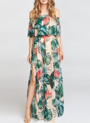 Summer Fashion Sexy Floral Printed Off The Shoulder Slit Beach Maxi Dress