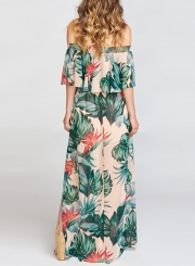 Summer Fashion Sexy Floral Printed Off The Shoulder Slit Beach Maxi Dress