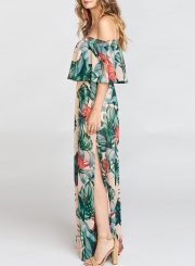 Summer Fashion Sexy Floral Printed Off The Shoulder Slit Beach Maxi Dress