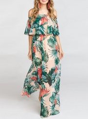 Summer Fashion Sexy Floral Printed Off The Shoulder Slit Beach Maxi Dress