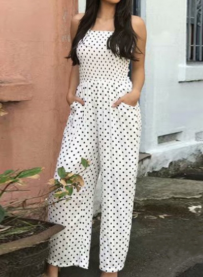 Fashion Polka Dots Spaghetti Strap Straight Wide Leg Jumpsuit With Pockets YOUYOUFASHIONEC.com