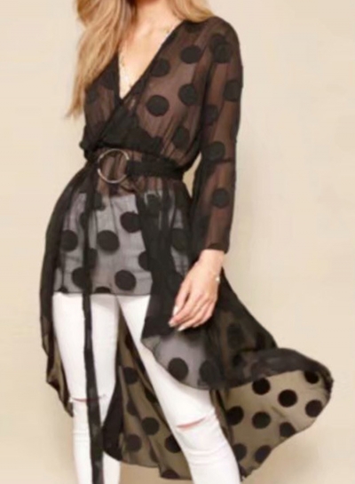Fashion Sexy Irregular Polka Dots Flare Sleeve V Neck High Low Dress STYLESIMO.com