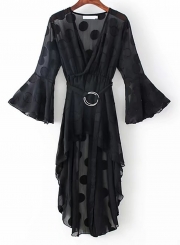 Fashion Sexy Irregular Polka Dots Flare Sleeve V Neck High Low Dress