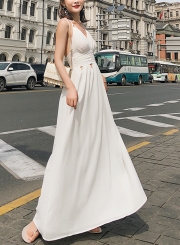 White Spaghetti Strap V Neck Backless High Waist Maxi Dress