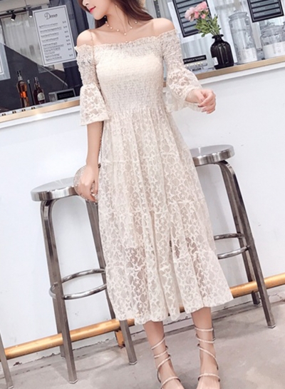 Fashion Lace Off The Shoulder Flare Sleeve High Waist Solid Bubble Dress YOUYOUFASHIONEC.com