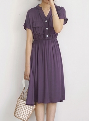 Summer Casual Short Sleeve V Neck Front Buttons Pockets High Waist Dress