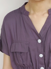 Summer Casual Short Sleeve V Neck Front Buttons Pockets High Waist Dress