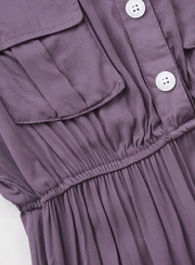 Summer Casual Short Sleeve V Neck Front Buttons Pockets High Waist Dress