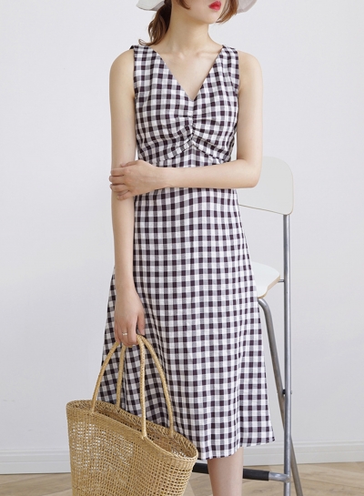 Summer Plaid Sleeveless V Neck High Waist Back Lace-Up Chiffon Dress LZDINTECOMMERCE.com