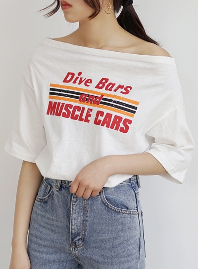 Summer Casual Loose Letters Printed Slash Neck Half Sleeve Tee