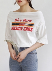 Summer Casual Loose Letters Printed Slash Neck Half Sleeve Tee