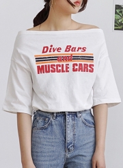 Summer Casual Loose Letters Printed Slash Neck Half Sleeve Tee