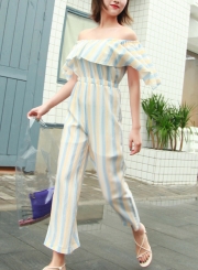 Casual Striped Off The Shoulder Ruffle High Waist Wide Leg Jumpsuit