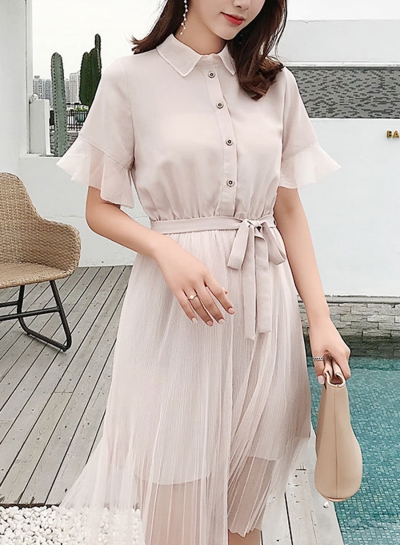 Fashion Mesh Short Sleeve Turn-Down Collar Front Buttons Waist Tie Dress YOUYOUFASHIONEC.com