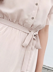 Fashion Mesh Short Sleeve Turn-Down Collar Front Buttons Waist Tie Dress