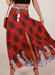 Boho Beach Printed High Waist Slit A-line Long Skirt With Drawstring