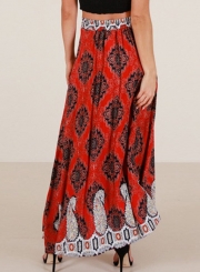 Boho Beach Printed High Waist Slit A-line Long Skirt With Drawstring