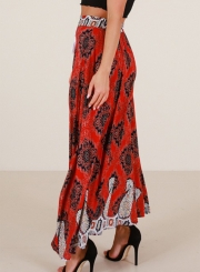 Boho Beach Printed High Waist Slit A-line Long Skirt With Drawstring