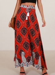 Boho Beach Printed High Waist Slit A-line Long Skirt With Drawstring