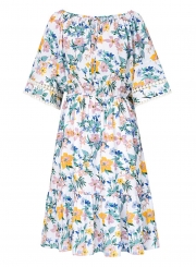 Summer Floral Printed Round Neck Half Sleeve High Waist Lace-Up Dress