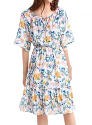 Summer Floral Printed Round Neck Half Sleeve High Waist Lace-Up Dress