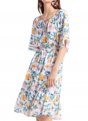 Summer Floral Printed Round Neck Half Sleeve High Waist Lace-Up Dress