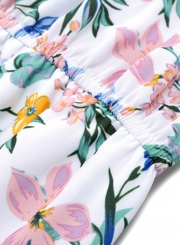 Summer Floral Printed Round Neck Half Sleeve High Waist Lace-Up Dress