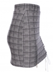 Irregular Plaid High Waist Lace-Up Zipper Women Bodycon Mini Skirt