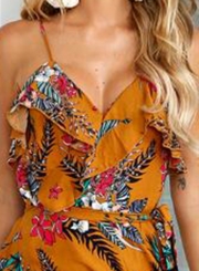 V Neck Spaghetti Strap Waist Tie Floral Print High Low Dress