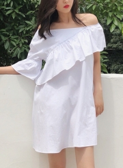 Summer Sexy One Off Shoulder Ruffle Trim Short Sleeve Loose Solid Dress