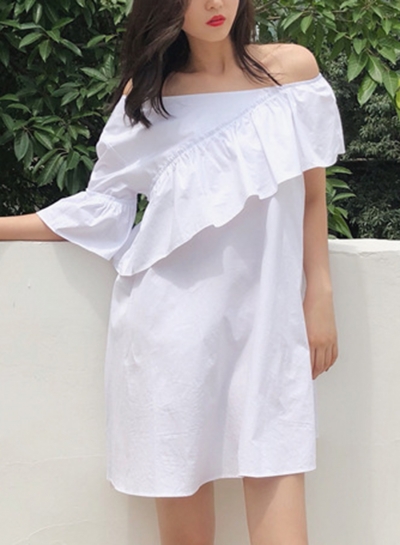 Summer Sexy One Off Shoulder Ruffle Trim Short Sleeve Loose Solid Dress YOUYOUFASHIONEC.com