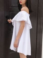 Summer Sexy One Off Shoulder Ruffle Trim Short Sleeve Loose Solid Dress