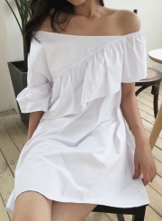 Summer Sexy One Off Shoulder Ruffle Trim Short Sleeve Loose Solid Dress