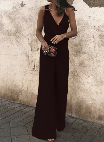 Fashion Sexy Asymmetric Spaghetti Strap V Neck Wide Leg Solid Jumpsuit YOUYOUFASHIONEC.com