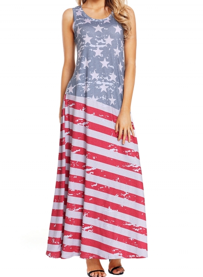 Casual American Flag Print Sleeveless Round Neck Maxi Dress LEXELFASHIONINTSHOPS.com