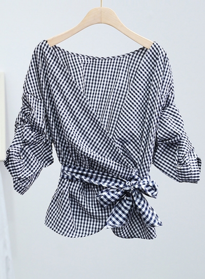 Fashion Casual Plaid V Neck Long Sleeve Wrap Lace-Up Women Blouse YOUYOUFASHIONEC.com