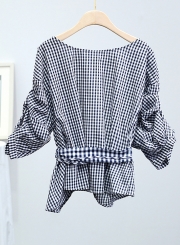 Fashion Casual Plaid V Neck Long Sleeve Wrap Lace-Up Women Blouse