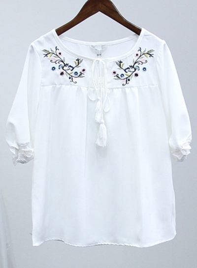 Summer Casual Loose Embroidered Half Sleeve Round Neck Blouse YOUYOUFASHIONEC.com