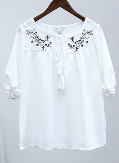 Summer Casual Loose Embroidered Half Sleeve Round Neck Blouse STYLESIMO.com