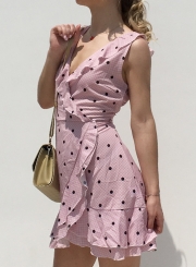 Summer Sexy Sleeveless V Neck Polka Dots High Waist Ruffle Mini Dress