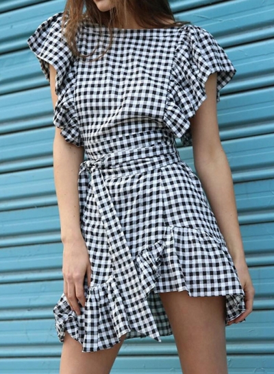 Fashion Casual Flounce Sleeve Square Neck Waist Tie Ruffle Plaid Dress LEXELFASHIONINTSHOPS.com