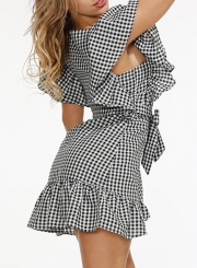 Fashion Casual Flounce Sleeve Square Neck Waist Tie Ruffle Plaid Dress